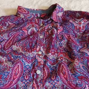 Women's size 14P Talbots 100% cotton paisley blouse in red, blue and pink